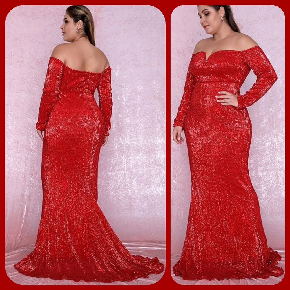 Off Shoulder Long Sleeve Red Sequin Mermaid Dress Size 1XL/14